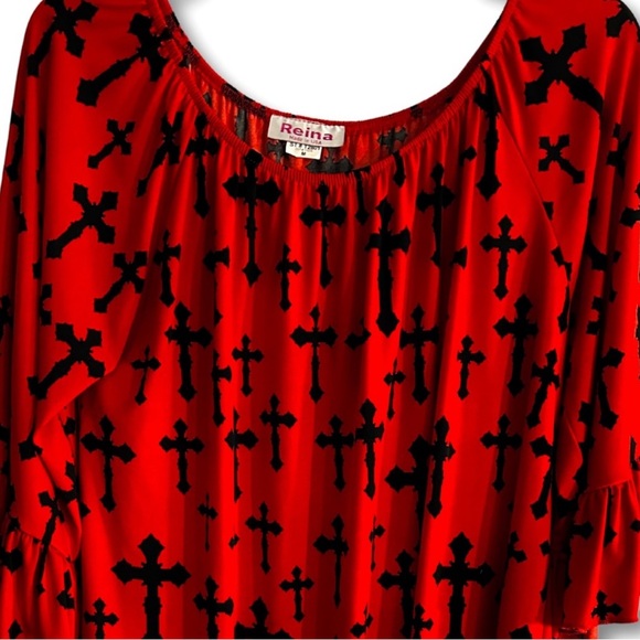 REINA Blouse Red Off the Shoulder Long Sleeve Top Black Crosses Womens SZ Medium - Picture 3 of 6